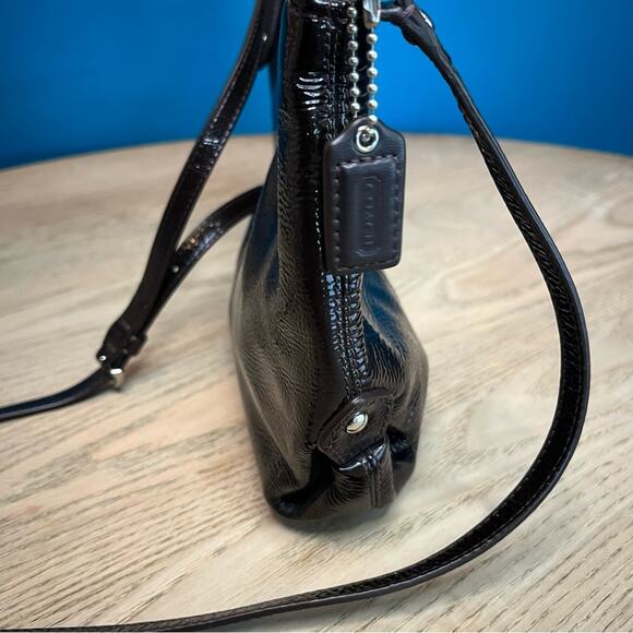 COACH Ashley Chocolate Brown Patent Leather Pebbled Small Crossbody Purse - Picture 4 of 11